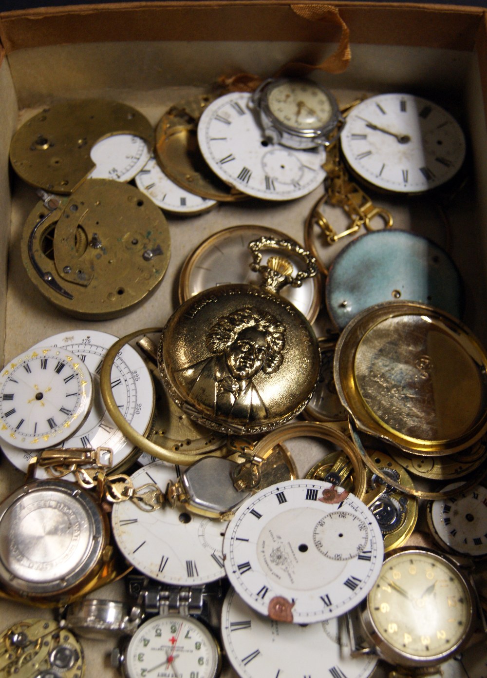 Box lot of various watch parts and pocke