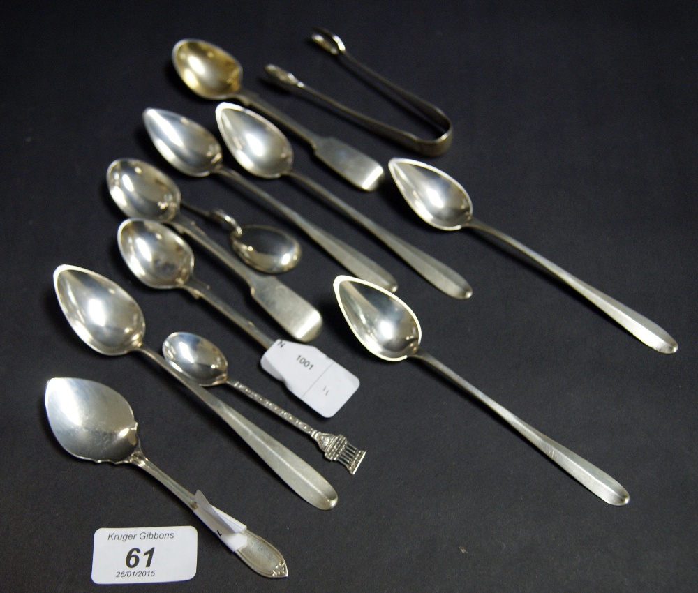 Quantity of silver spoons and tongs