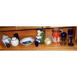A mixed selection of coloured glass and ceramics, including two Chinese ginger jars
