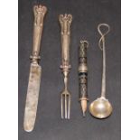 An early hallmarked silver King's pattern fruit knife and fork, together with an early mustard