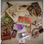 Ephemera, mixed to include stamps, cigarette cards, postcards, Victorian paper fans, greetings