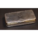 An excellent quality unmarked silver snuff box with hinged cover, chased and turned decoration and
