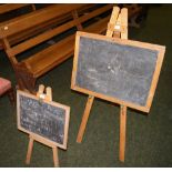 A vintage chalk board and easel, with adjustable painted pegs, together with another, smaller