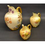 Royal Worcester, three graduated blush painted and gilt jugs CONDITION REPORT; Second jug with