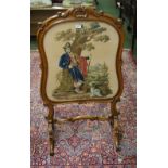 Antique oak-framed and glazed embroidered tapestry fire screen