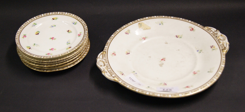 Dessert service comprising six side plates plus a cake plate decorated with pansies and gilt - Image 3 of 3