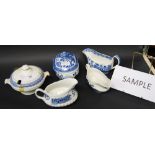 A pair of Copeland Spode Italian lozenge-shaped meat plates, two blue-over-white sauce tureens,