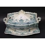 Large Victorian blue-over-white tureen with cover and stand