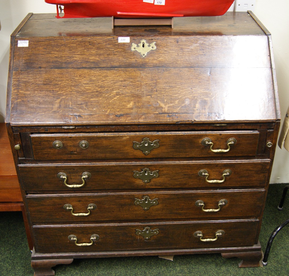 Georgian oak fall-front bureau with fitted interior above four long drawers, - Image 2 of 2