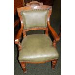 Set of five heavy oak leather-seated carver chairs (would benefit from some restoration)