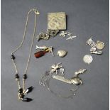 A quantity of silver charms plus a brooch and two costume necklaces