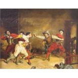 An early 19th Century oil on canvas, a scene of brawling Spanish gamblers in a tavern.
