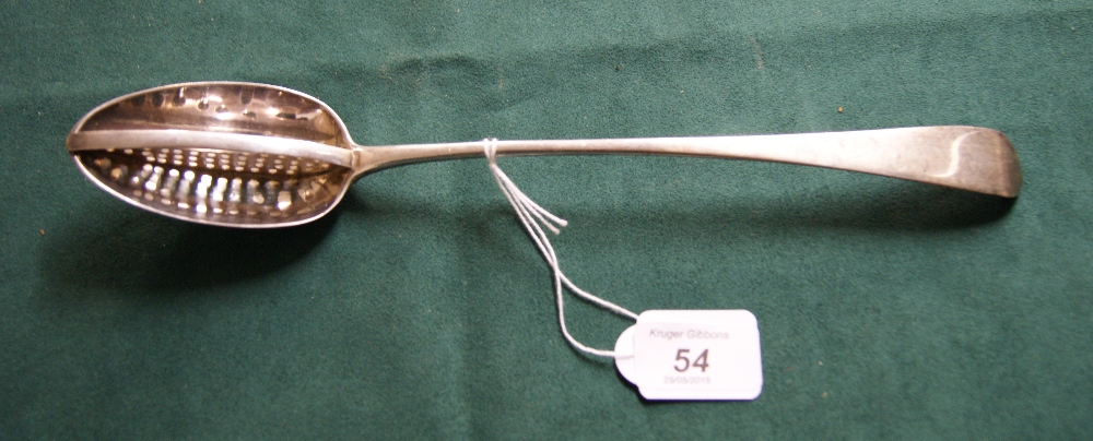 George III hallmarked silver sifting spoon, William Seaman, 1813 London assay (310mm 74g)