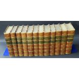 A set of twelve half leather-bound volumes; "Thackeray's Works", published by Smith, Elder & Co.