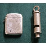 Silver vesta and a vintage whistle marked Metropole (30g)