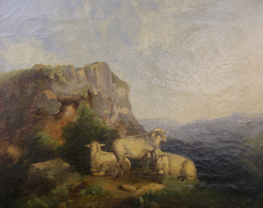 An 18th/19th Century oil on canvas of three sheep on a hilltop,