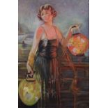 A 1920s oil on board of a flapper with Chinese lanterns set in a heavily gilt frame,