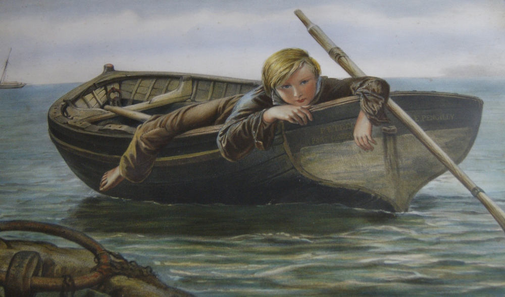 A 19th century coloured stipple engraving of a boy in a boat. Image size approximately 42cm x 26.