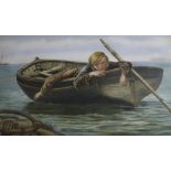 A 19th century coloured stipple engraving of a boy in a boat. Image size approximately 42cm x 26.