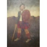 A 19th century oil on board of a Scottish soldier with sword and shield,