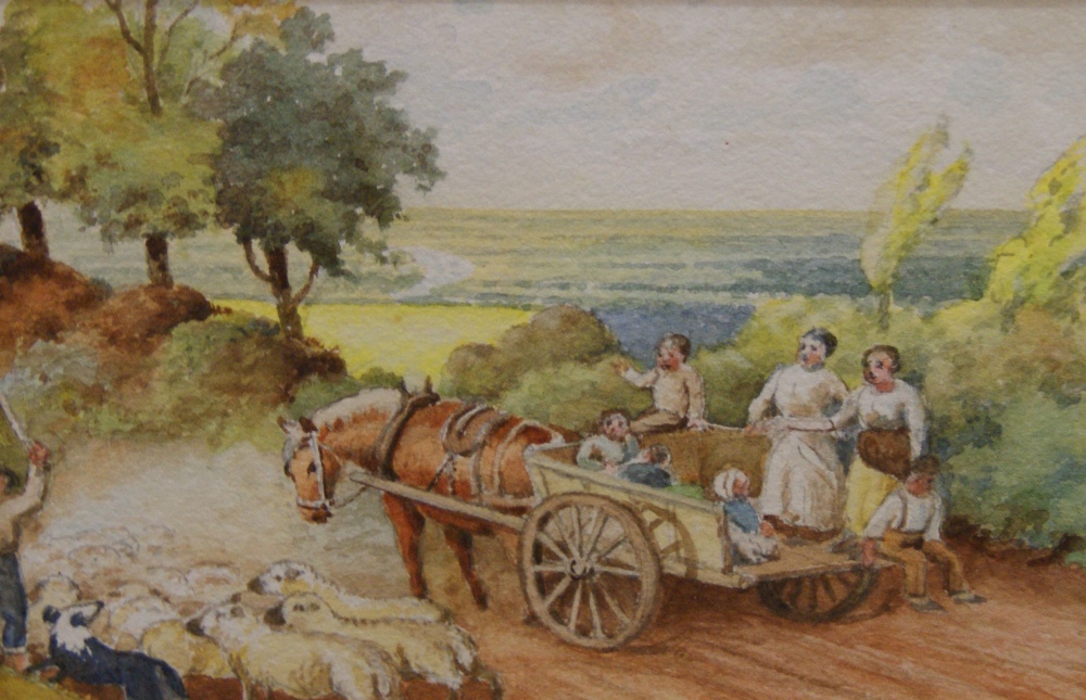 A 19th Century watercolour, a rural track with figures and animals, unsigned.