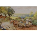 A 19th Century watercolour, a rural track with figures and animals, unsigned.
