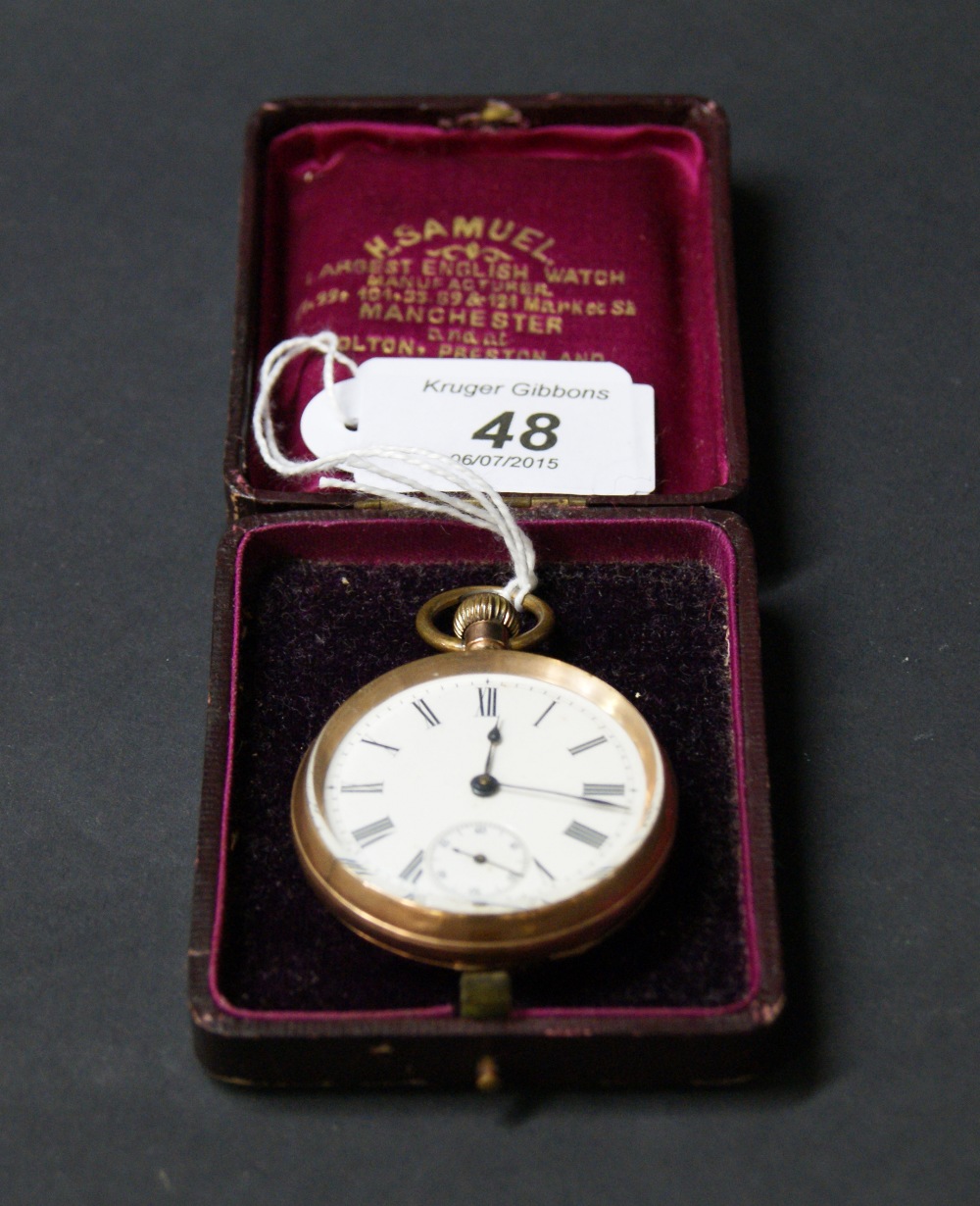 Boxed 9ct gold open-faced crown wind pocket watch with white enamelled dial