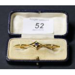 Boxed 15ct gold, sapphire and pearl pieces brooch. Length approximately 5.