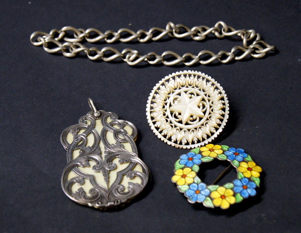 Arts and Crafts silver and floral enamelled circular brooch, silver chain and a Victorian white