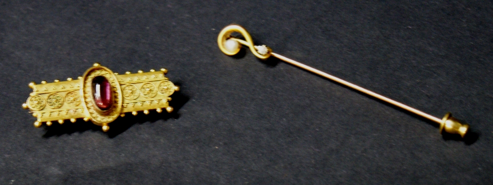 10K gold stickpin with pearl and diamond,