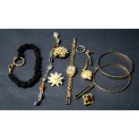 Mixed jewellery including a ladies' gold wristwatch, mourning bracelet and brooches etc.