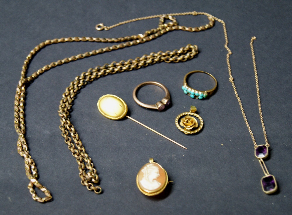 Mixed jewellery including a cameo pendant, necklace, stickpin, rings etc.