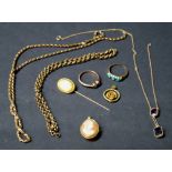 Mixed jewellery including a cameo pendant, necklace, stickpin, rings etc.