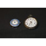 Silver and blue enamelled ladies' wristwatch and a silver fob watch with painted enamel dial