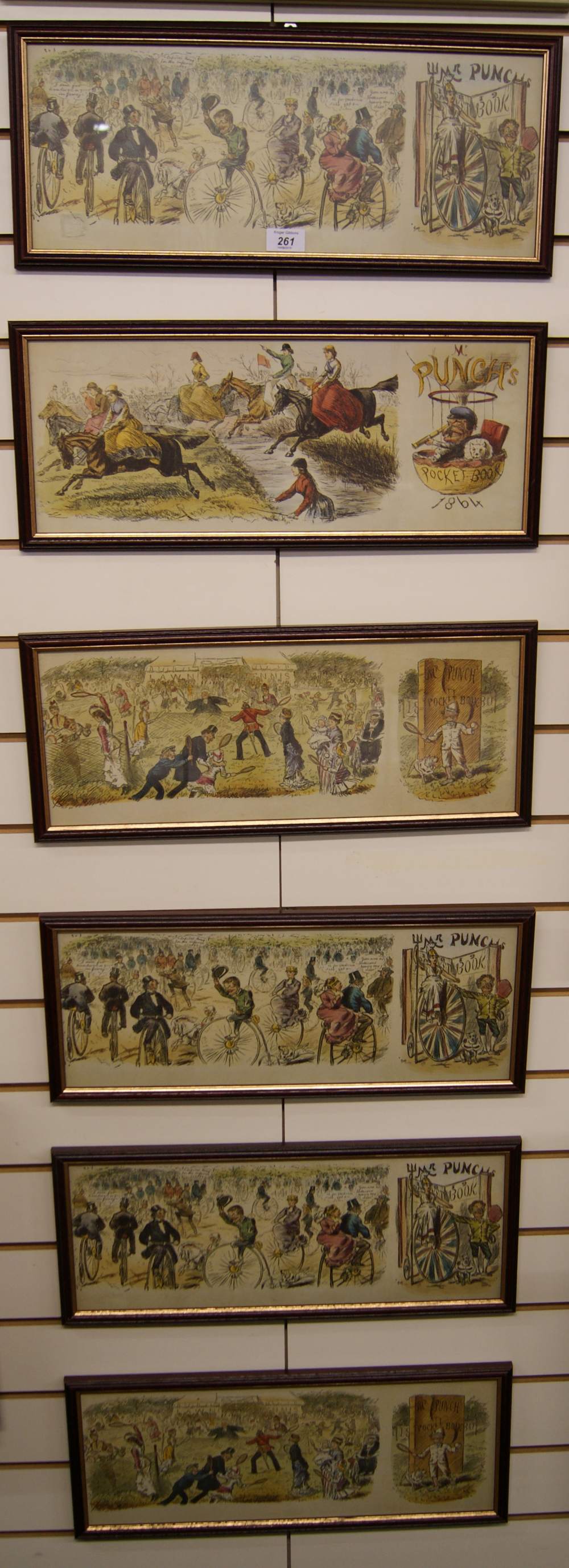 A set of six contemporary reproduction colour lithographs depicting enlarged scenes taken from Punch