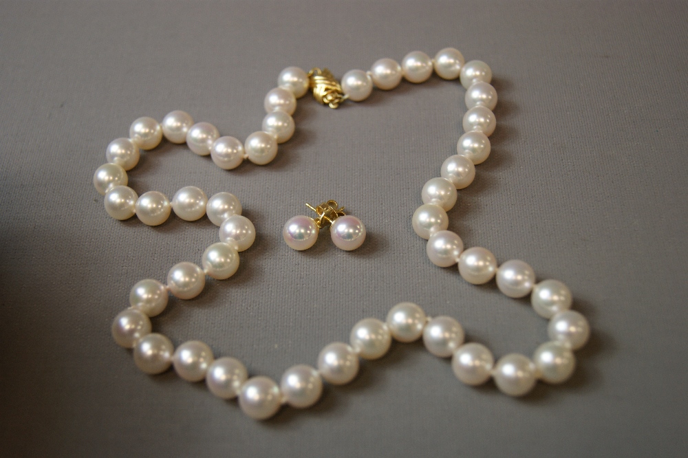 Single row of cultured pearls together with matching earrings