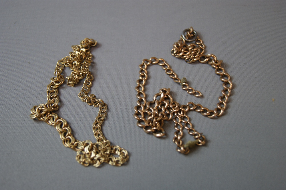 9ct. gold graduated double watch chain A/F, together with a 9ct. gold flat link necklace.