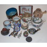 A box of mixed Chinese ceramics and cloi