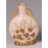 A late Victorian Royal Worcester moonflask, gilt enamel decorated with wildflowers on an ivory