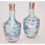 A pair of 20th century Chinese export vases with underglazed blue landscape decoration heightened in