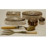 Assorted silver wares to include silver topped dressing table tidies, snuff box, etc Condition