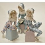 Three Lladro porcelain harlequin figures