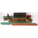 Wooden buildings, Hornby Dublo signal box with red roof, Truescale station, engine shed marker