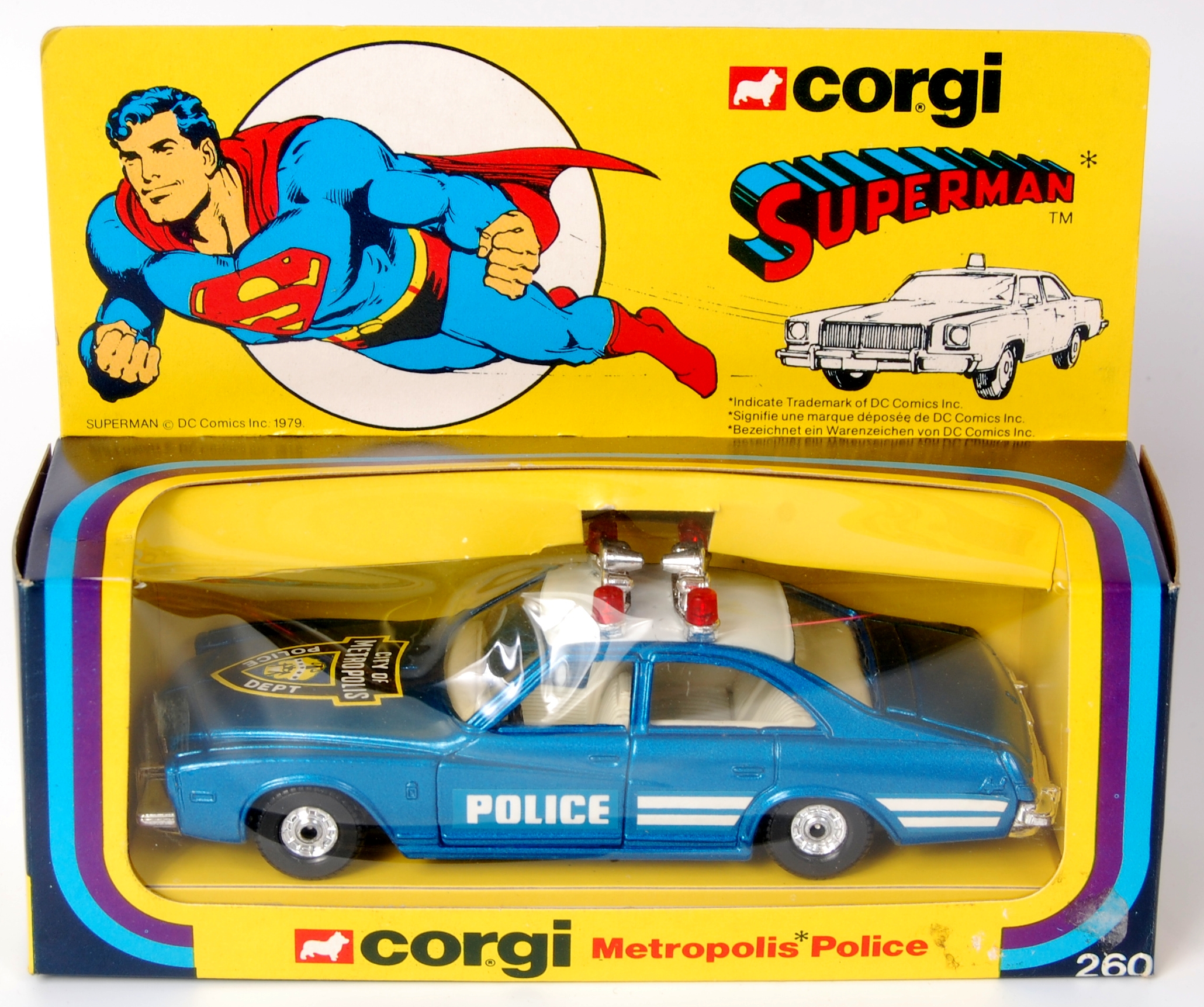 Corgi Toys, No. 260 Superman Police car, blue and white body with 'City of Metropolis' transfer to