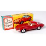 Corgi, 307 'E' type Jaguar with detachable hard-top, plum red body and top, cardboard packing ring
