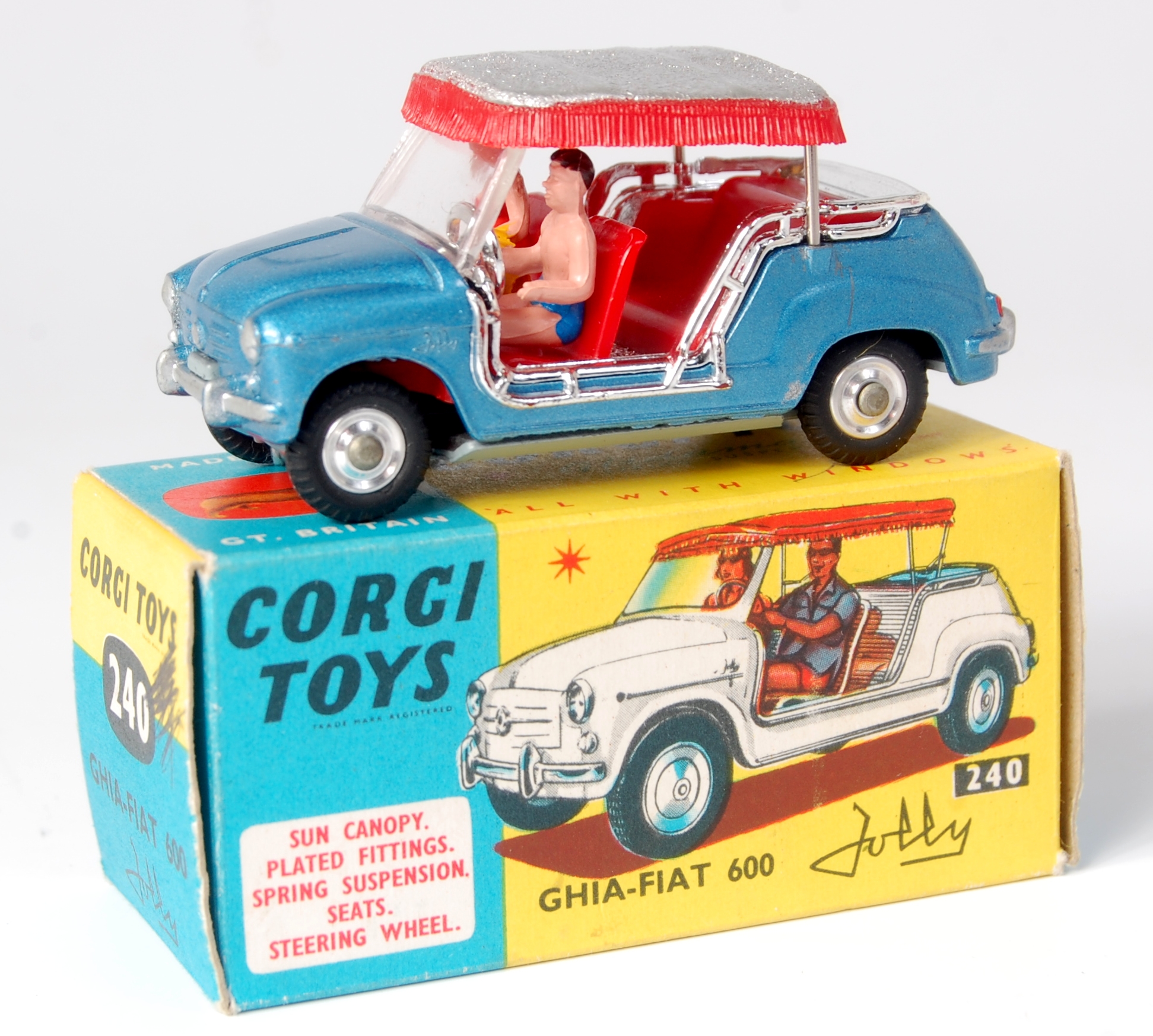 Corgi Toys, 240 Fiat 600 Jolly, metallic blue body, red interior, silver and red canopy, spun hubs