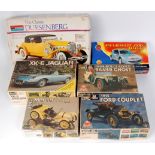 6 assorted plastic motor vehicle kits, mixed scales, some kits part made, examples by Monogram,