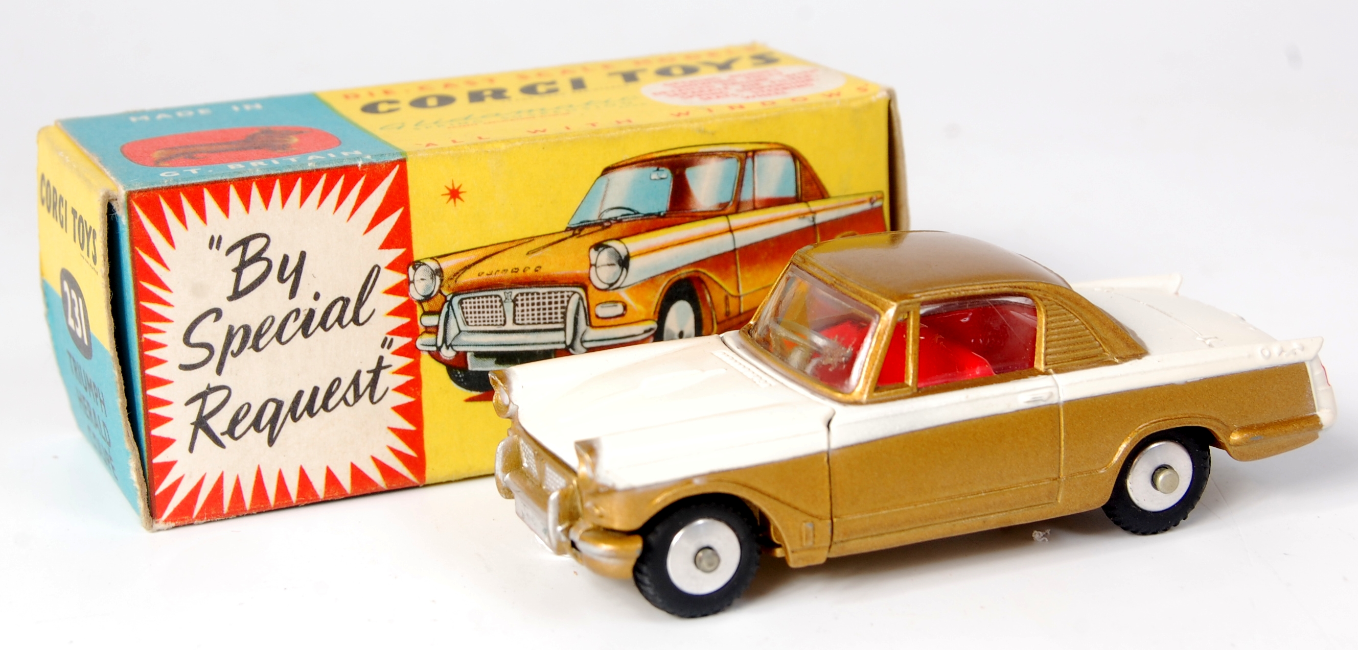 Corgi Toys, 231 Triumph Herald Coupe, gold roof and lower body with white central body, red