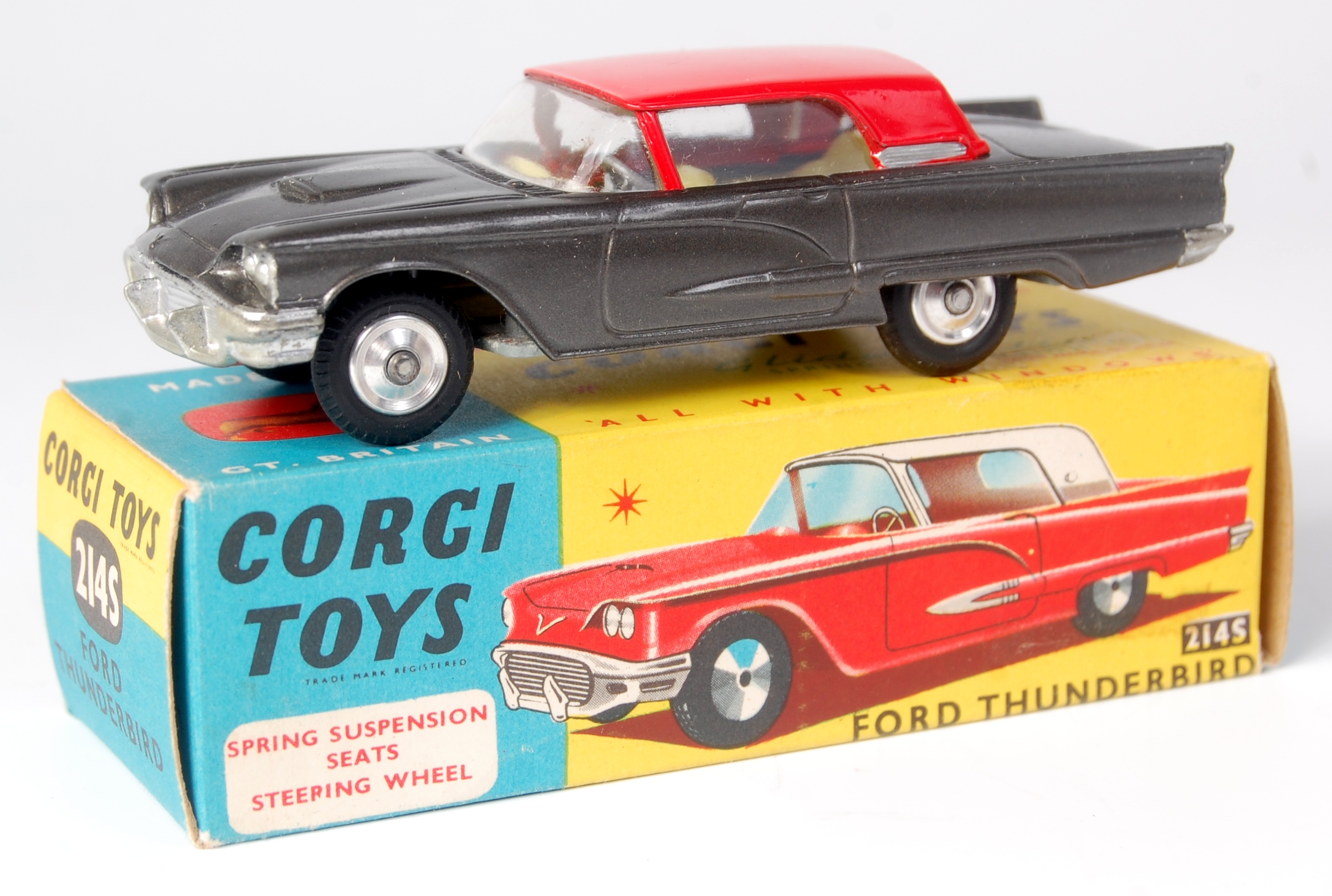 Corgi Toys, 214S Ford Thunderbird hard-top, metallic grey body with red roof, silver detailing,