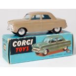 Corgi Toys, 200 Ford Consul Saloon, tan body with silver detailing, flat spun hubs, in the original